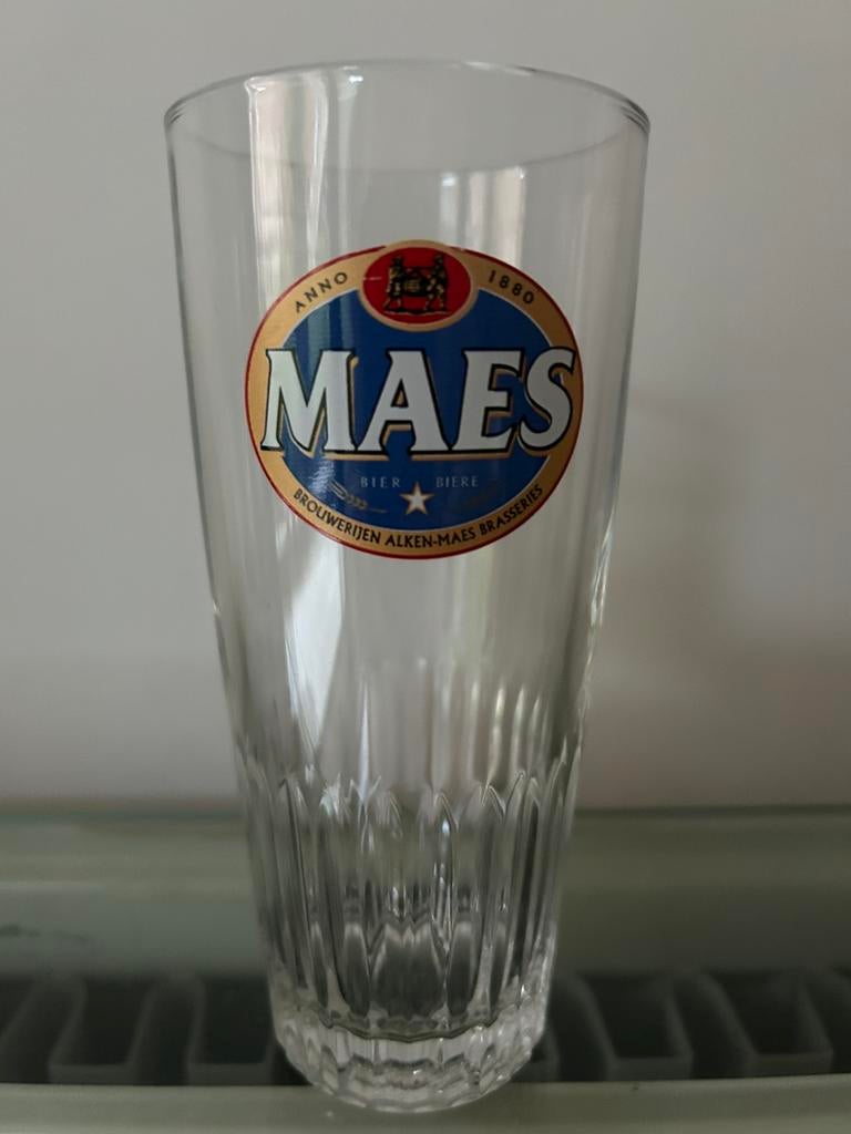 Bierglas Maes 25cl boerke blauw rond logo, Ophalen, Zo goed als nieuw