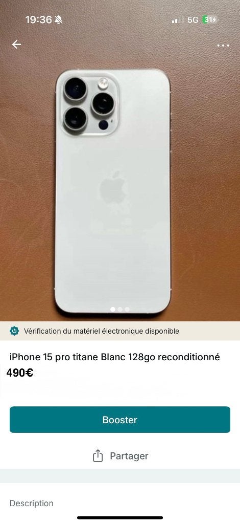 iPhone 15 pro titane Blanc 128go reconditionné 490€, Télécoms, Avec simlock (verrouillage SIM), 128 GB, Reconditionné, Enlèvement