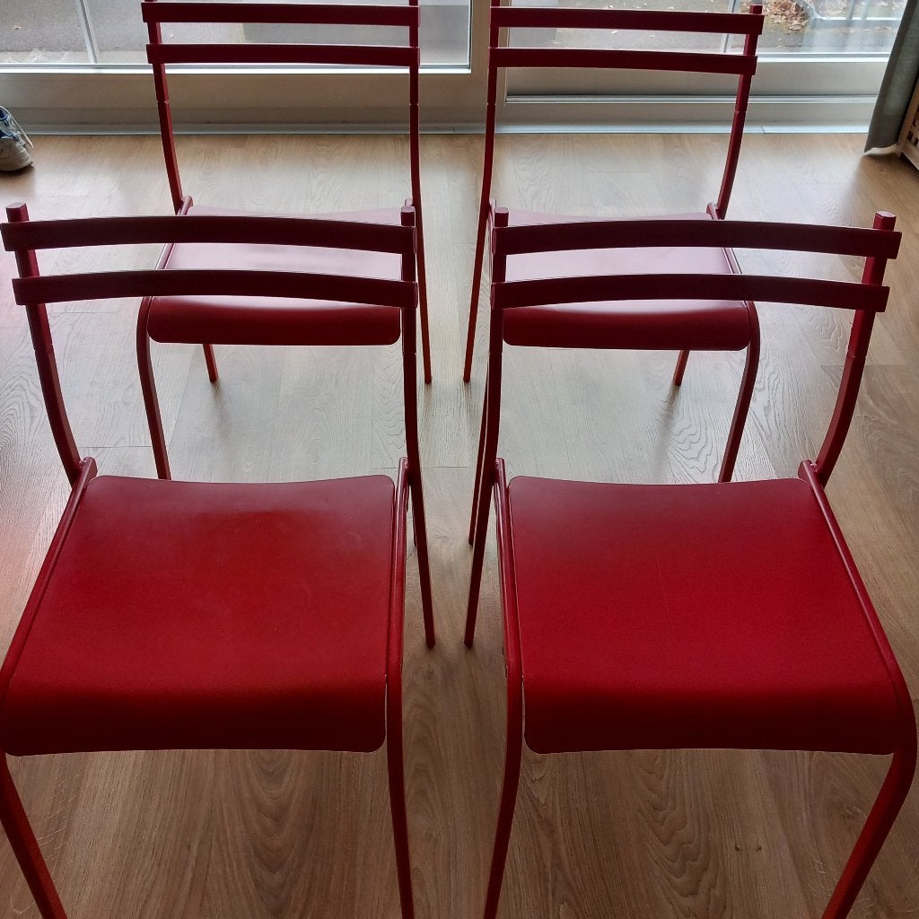 Set van 4 rode IKEA Reidar stoelen (gebruikte staat), Maison & Meubles, Enlèvement, Utilisé, Rouge, Métal