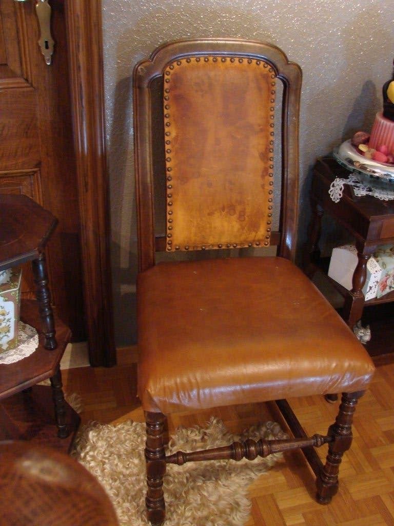 antiek: 4 stoelen eik en leder, Enlèvement, Utilisé, Antiek eik leder, Brun
