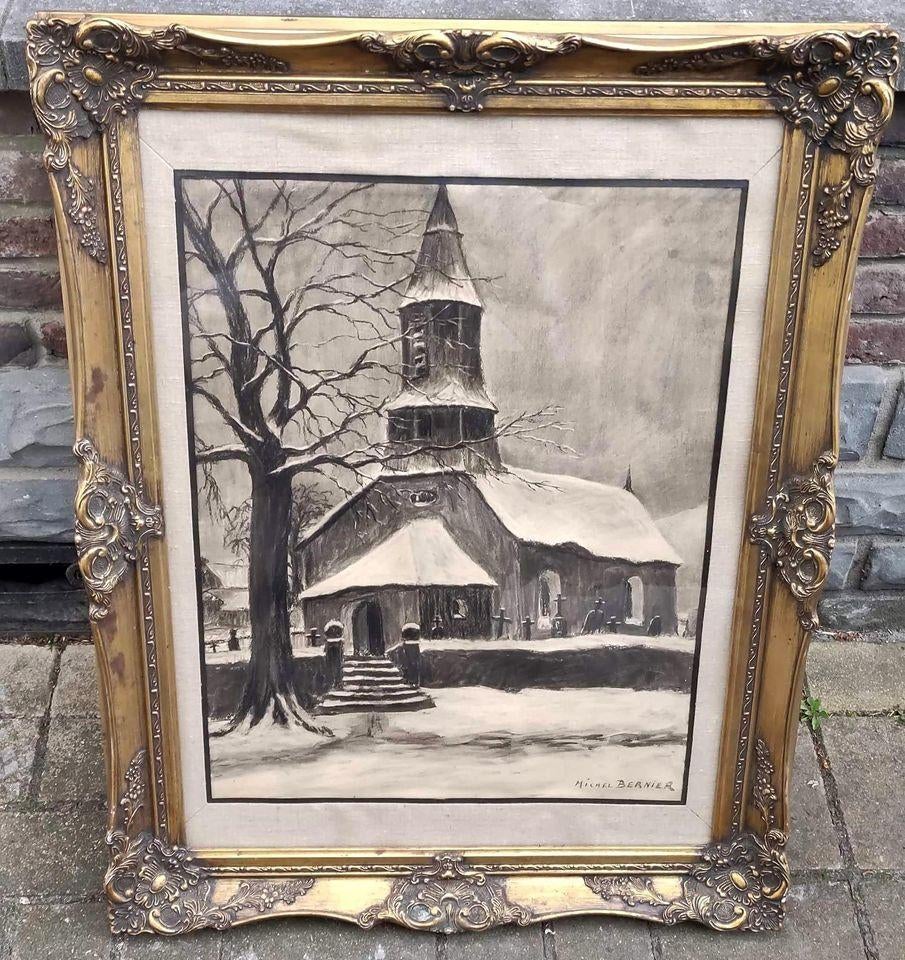 Technique mixte église enneigé signe Michel bernier, Antiek en Kunst, Ophalen