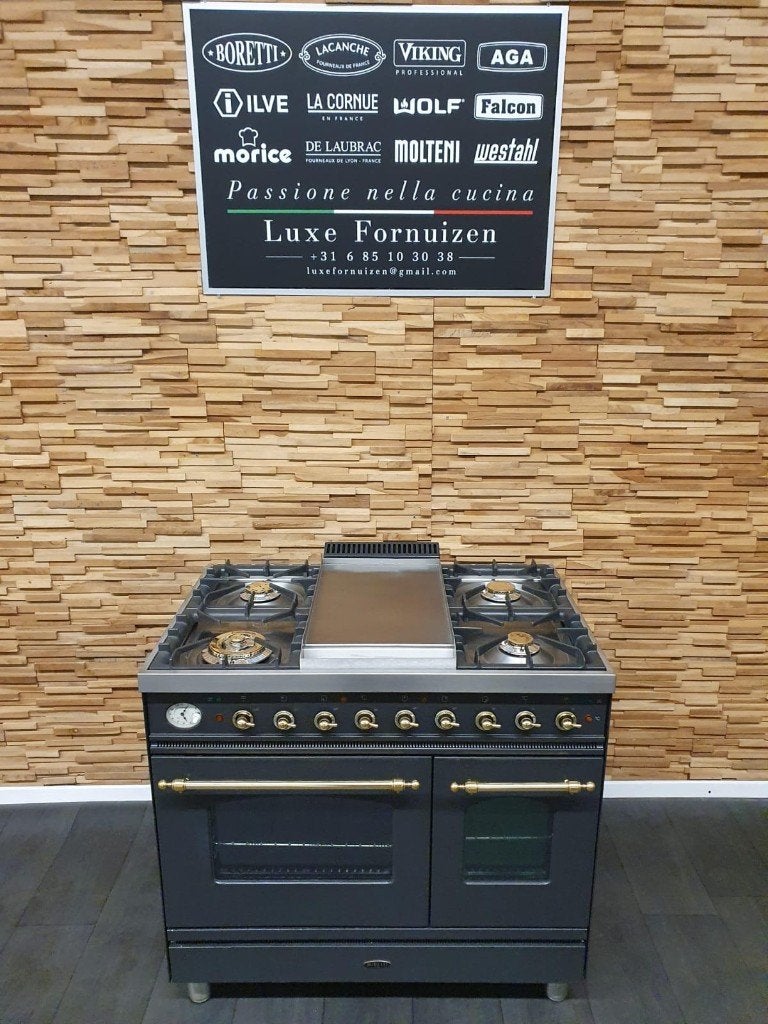 Boretti gasfornuis 90cm antraciet + messing 2 ovens Frytop, Gaz, Classe énergétique A ou plus économe, Enlèvement ou Envoi, Comme neuf