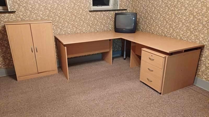 Bureau d'angle avec caisson à roulettes + Armoire à dossiers, Maison & Meubles, Enlèvement, Démontable, Comme neuf, Bureau d'angle
