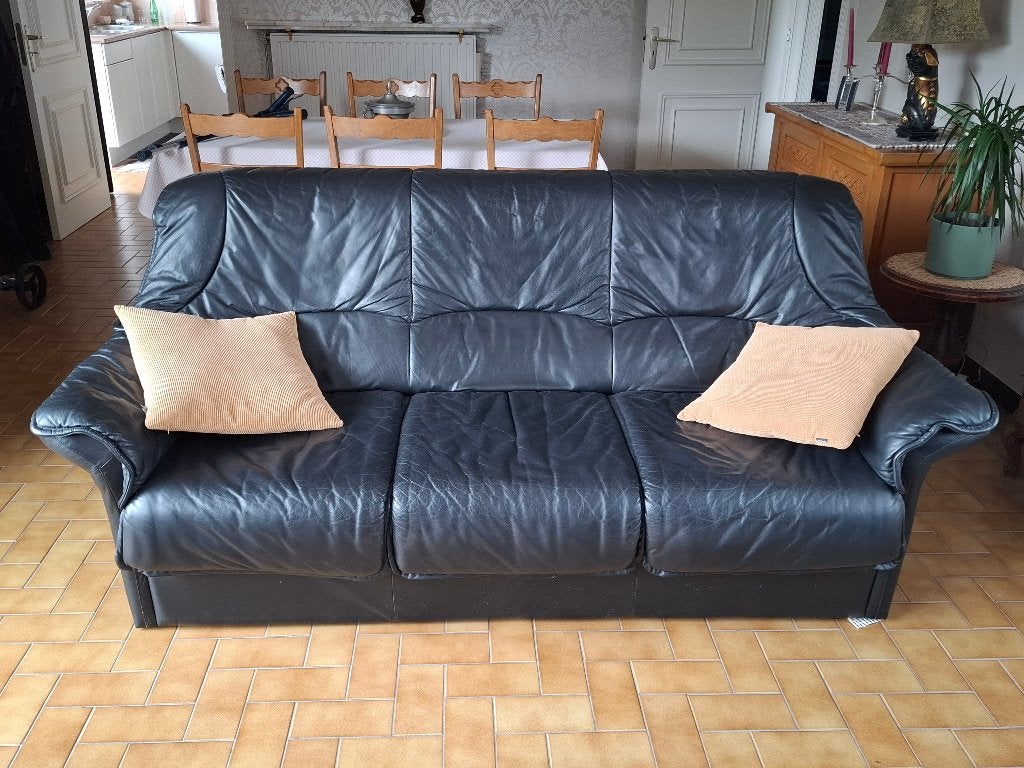 Zwarte lederen salon, Huis en Inrichting, Zetels | Zetels, Ophalen, Gebruikt, Overige maten, Leer