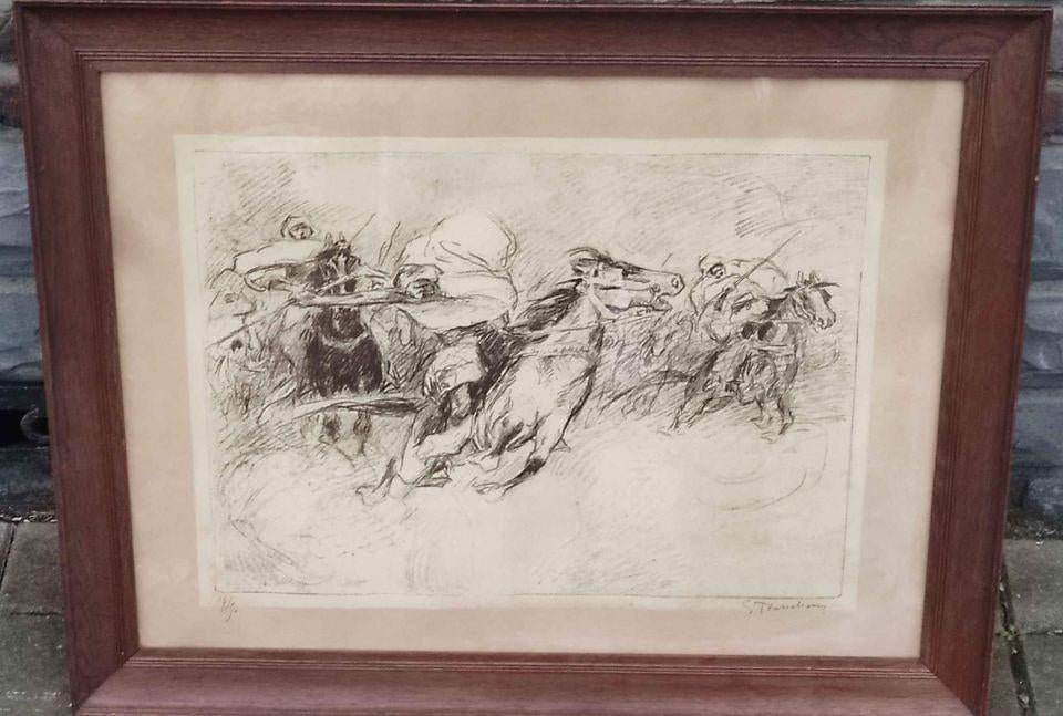 Lithographie cavalier arabe signe Gustave flasschoen, Antiquités & Art, Enlèvement ou Envoi