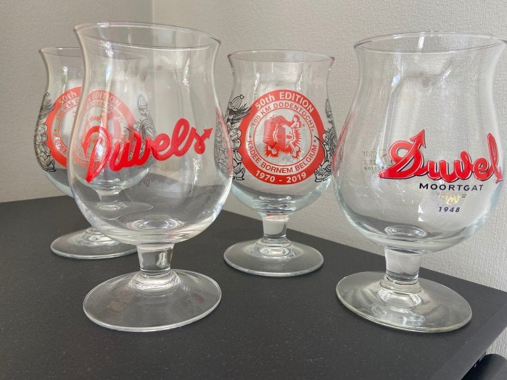4 unieke DUVEL bierglazen, Ophalen, Zo goed als nieuw, Glas of Glazen, Duvel