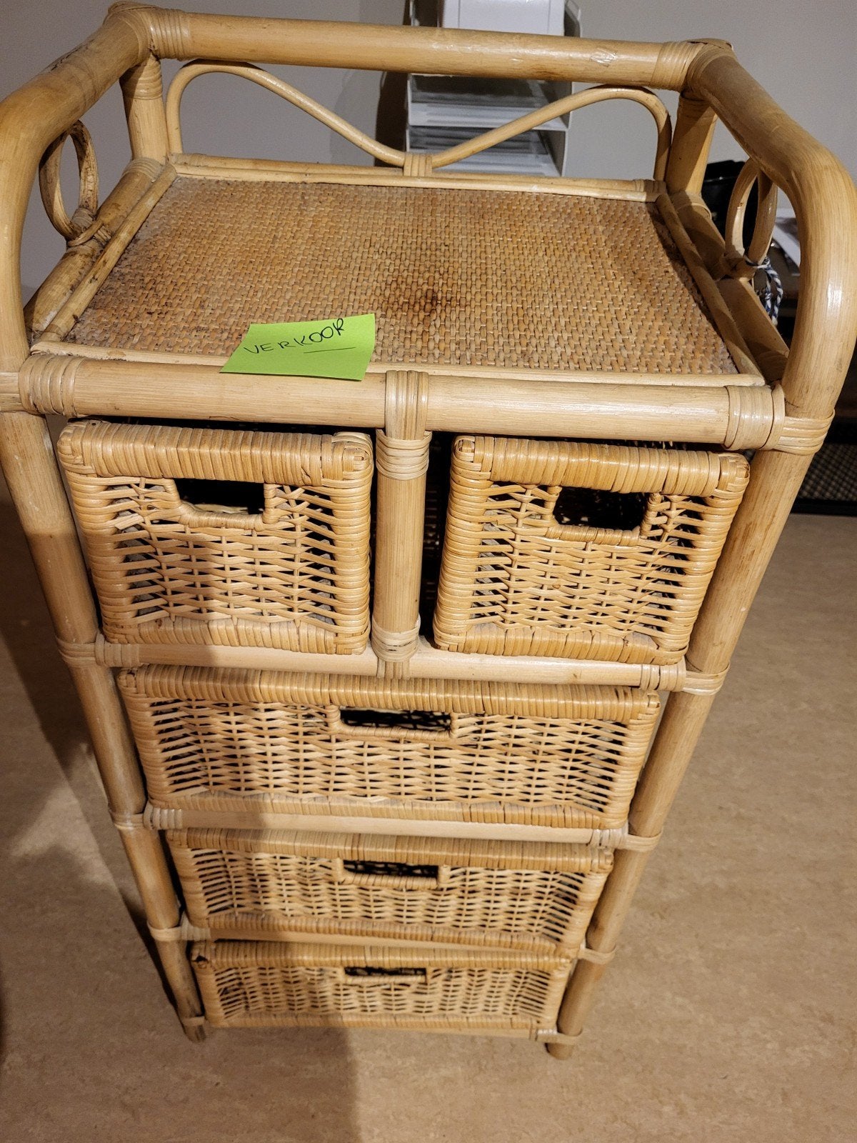 Rieten rekje met mandjes, Huis en Inrichting, 3 of 4 laden, Ophalen, Gebruikt, 100 tot 150 cm