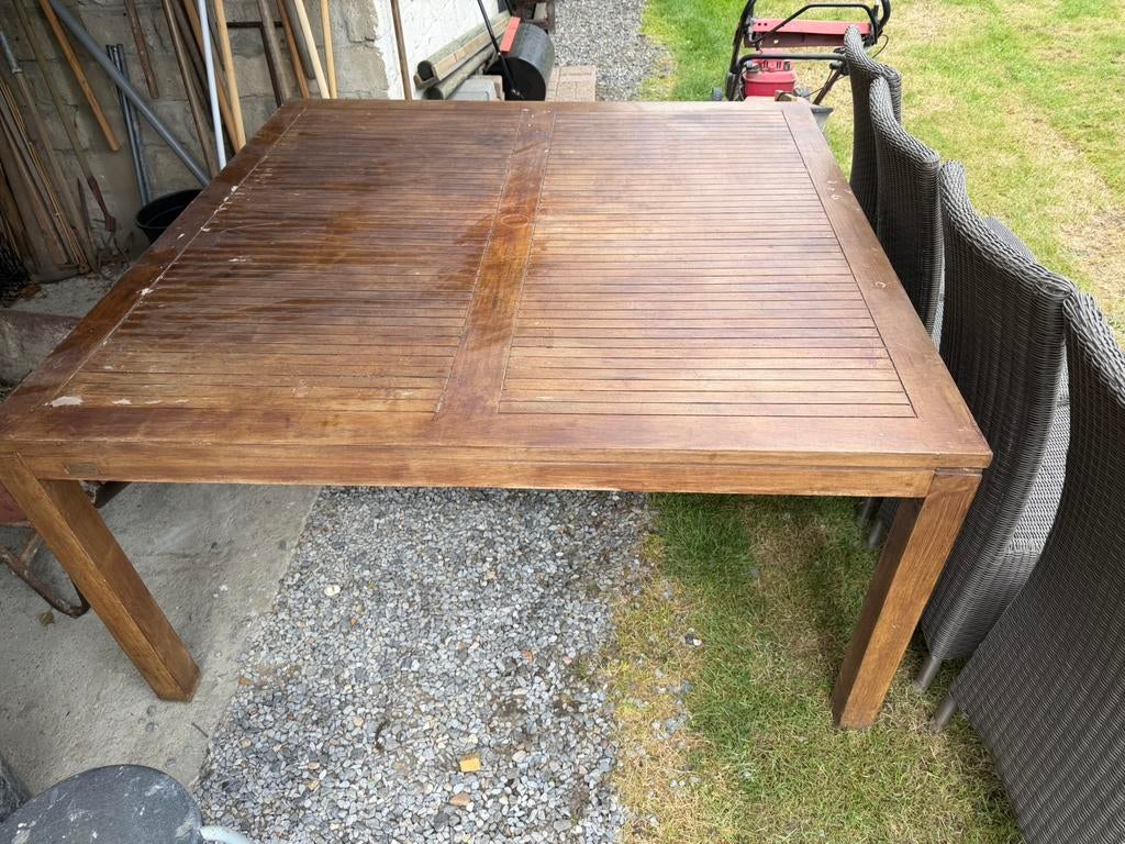 Houten tafel 150 x 150 cm en 4 stoelen, Tuin en Terras, Tuintafels, Ophalen, Gebruikt, Vierkant, Hout