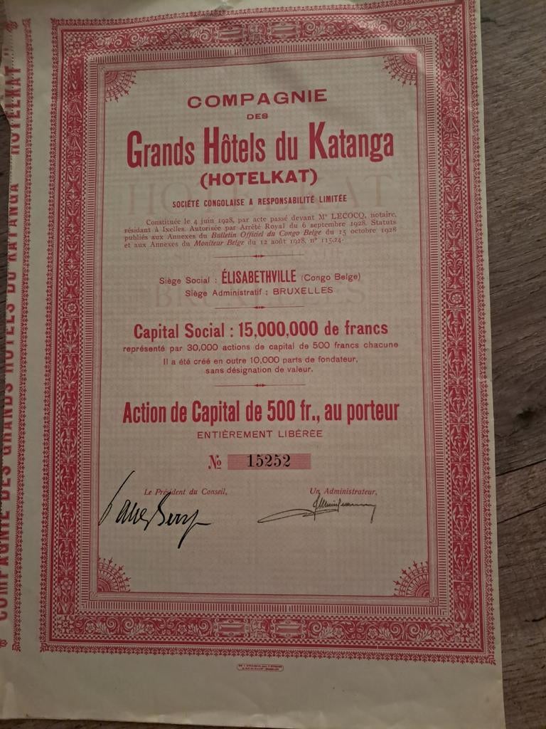 Actie van de grote hotels in Katanga, Postzegels en Munten, Ophalen of Verzenden, 1920 tot 1950, Aandeel