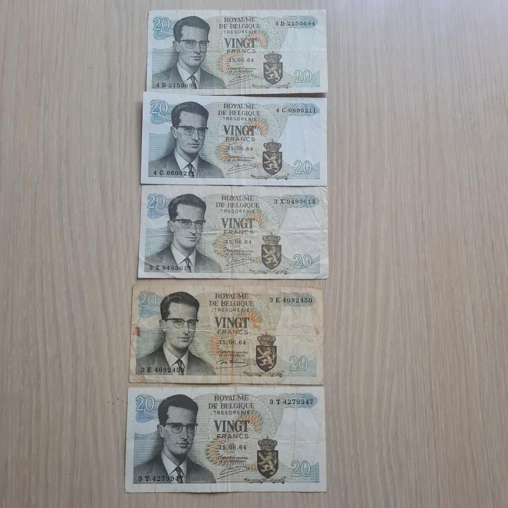 Lot  de 5 billets de 20 francs de Belgique, Enlèvement ou Envoi