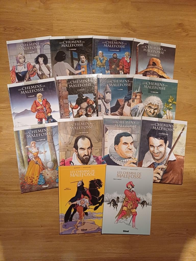 21) Miniprijs/bd les Chemins de Malefosse 1 tot 15 behalve 1, Boeken, Meerdere stripboeken, Ophalen of Verzenden, Zo goed als nieuw