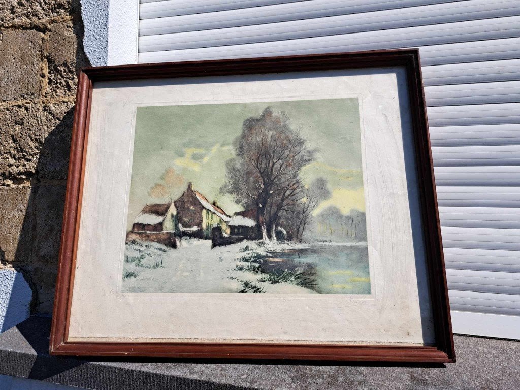 gravure paysage avec maison signe bardin, Enlèvement ou Envoi, Paysage, Gravure