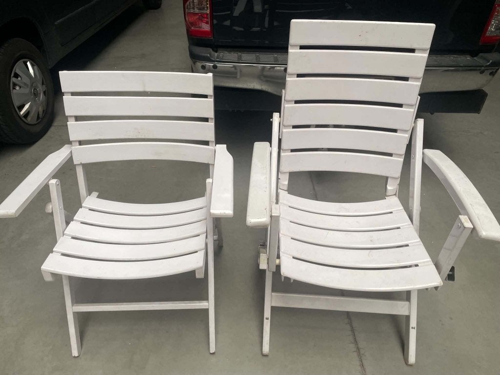 2 vintage tuinstoelen met gratis kussens, Enlèvement, Utilisé, Bois