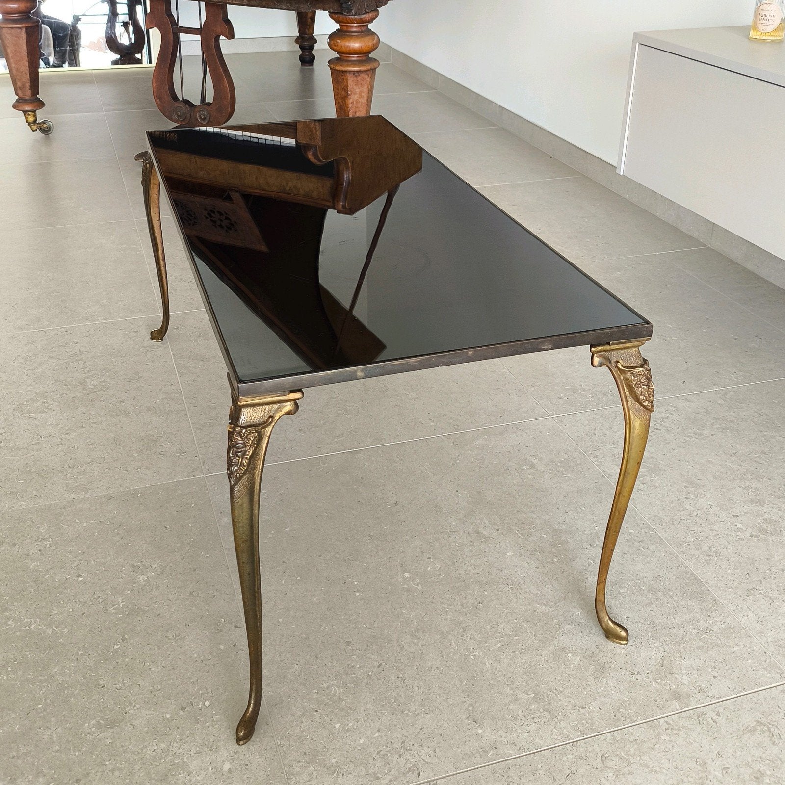 Vintage Hollywood Regency salontafel – bronzen onderstel, Ophalen, Minder dan 50 cm, 50 tot 100 cm, Hollywood regency
