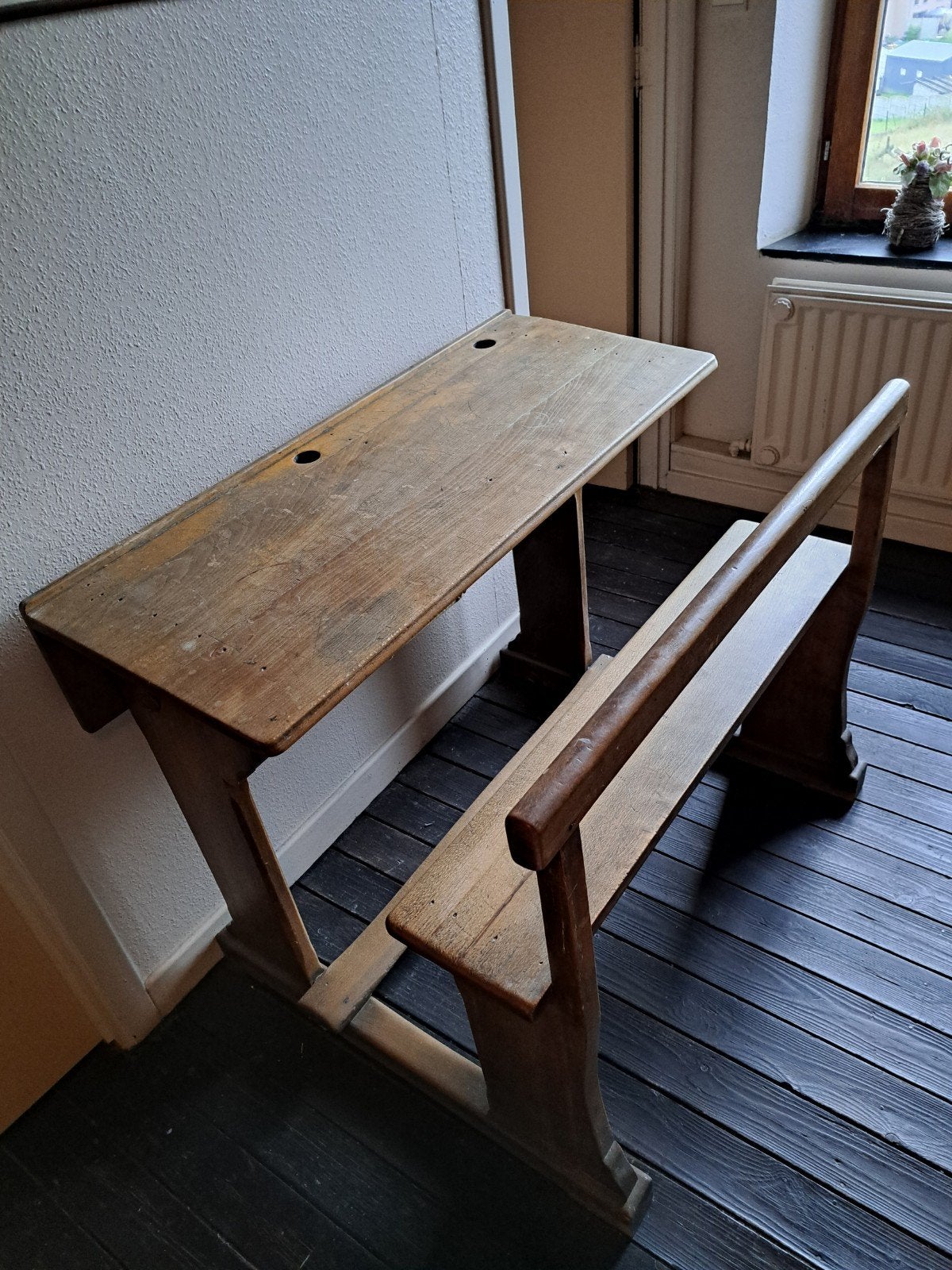 Ancien bureau d'école double en chêne massif, Antiquités & Art, Enlèvement