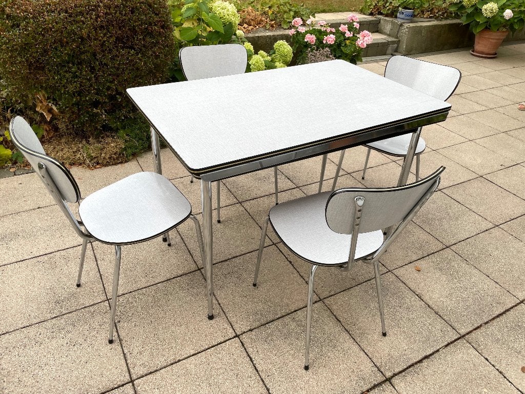 Vintage formica eettafel met 4 stoelen - jaren '70, 100 à 150 cm, Cinq personnes ou plus, Synthétique, Enlèvement