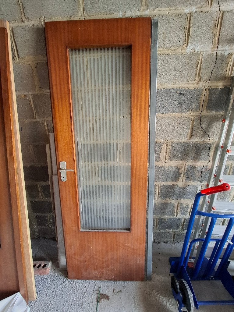 Dubbele deur van hout en glas — vintage, Gebruikt, Overige typen, 150 tot 225 cm, Inclusief glas