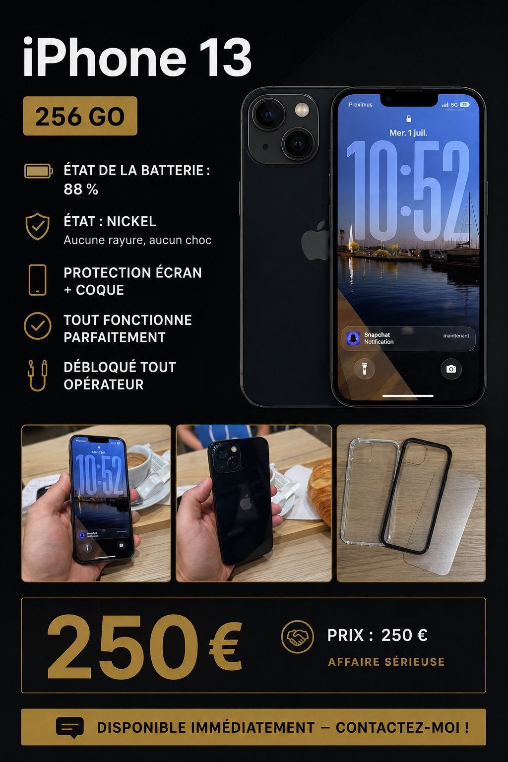 iPhone 13 256 Go Noir – État nickel – 88 % batterie, Ophalen, Zo goed als nieuw, Bescherming