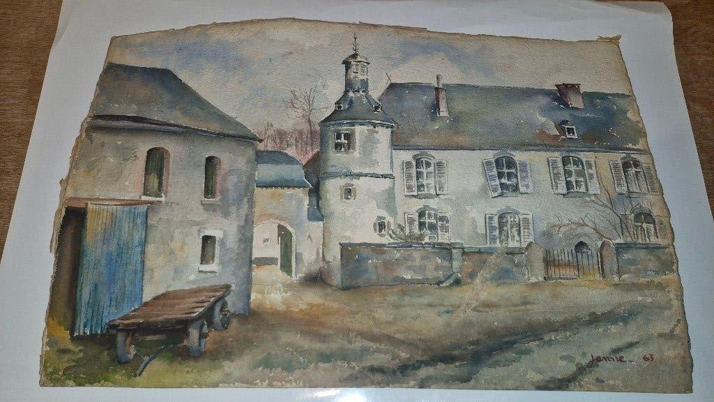 Ferrières (4190)  - Férot-le-Fourneau - Grande aquarelle -, Antiquités & Art, Daté, Enlèvement ou Envoi, Aquarelle, Paysage urbain / rural
