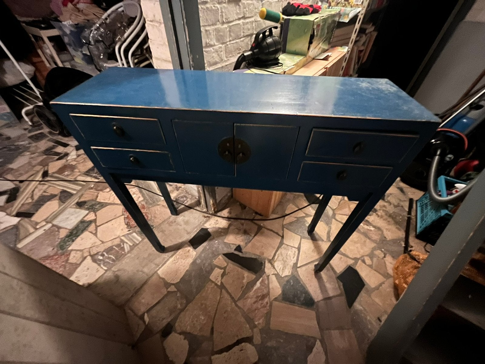 Karakteristieke blauwe sidetable met lades en kastruimte, Huis en Inrichting, Ophalen, Gebruikt, Rechthoekig