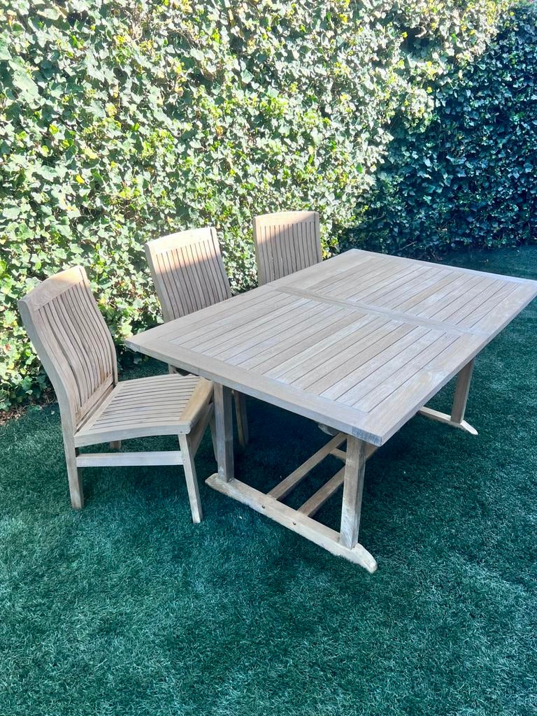 Tuintafel met 3 stoelen van Teak Village., Tuin en Terras, Tuinsets en Loungesets, Gebruikt, Loungeset, Teakhout, Ophalen