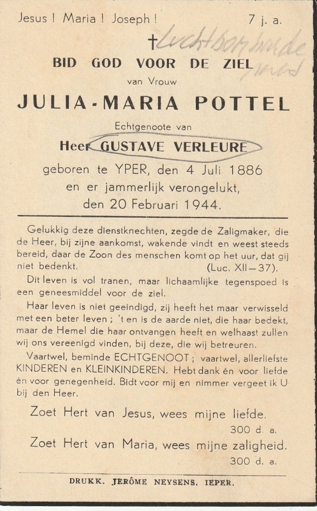 Luchtbombardement 1944 Julia Maria Pottel    Ieper, Verzamelen, Ophalen of Verzenden