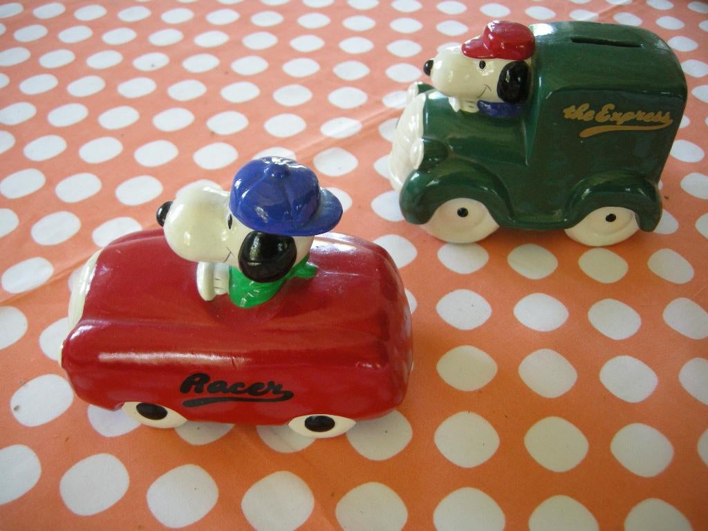 2 spaarpotjes SNOOPY  13 cm 1958/ 1966 RACER en THE EXPRES, Verzamelen, Ophalen of Verzenden, Snoopy, Gebruikt