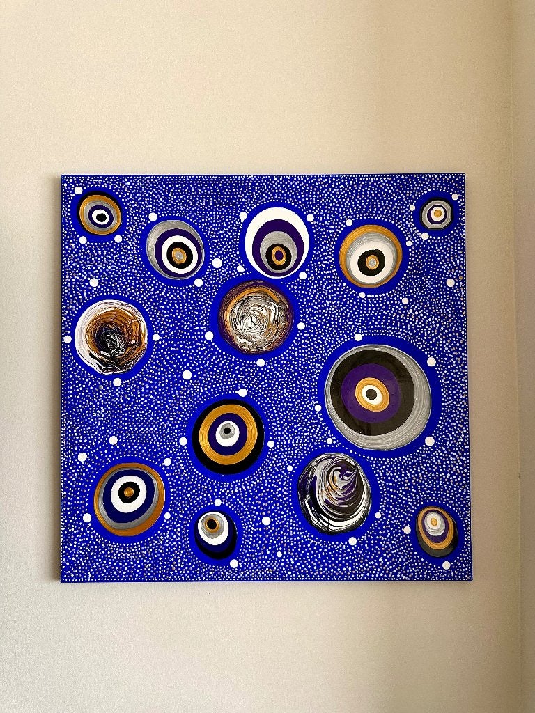 Schilderij aboriginal stijl, Antiek en Kunst, Kunst | Schilderijen | Modern, Ophalen, Abstract, Handgeschilderd, Gemengde techniek
