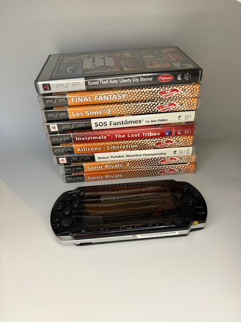PSP 3004 zwarte bundel + 9 draagbare PlayStation-games, Games en Spelcomputers, Spelcomputers | Sony PSP, Gebruikt, PSP 3000, Zwart