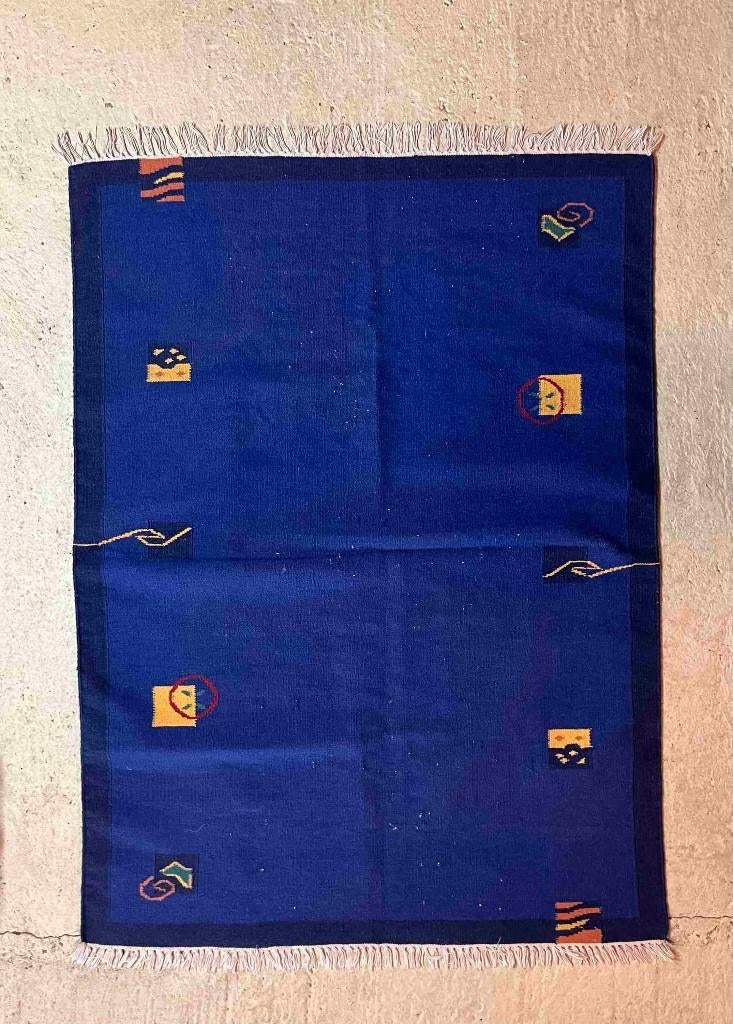 Tapis en laine tissé à la main Kilim bleu avec accents, 150 à 200 cm, Enlèvement ou Envoi, 100 à 150 cm, Utilisé