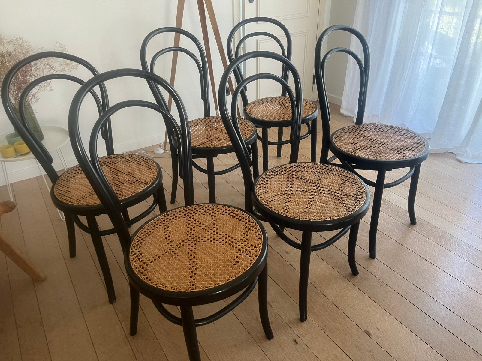 6 stoelen Thonet-stijl, Maison & Meubles, Chaises, Enlèvement, Utilisé, Noir, Osier ou Rotin