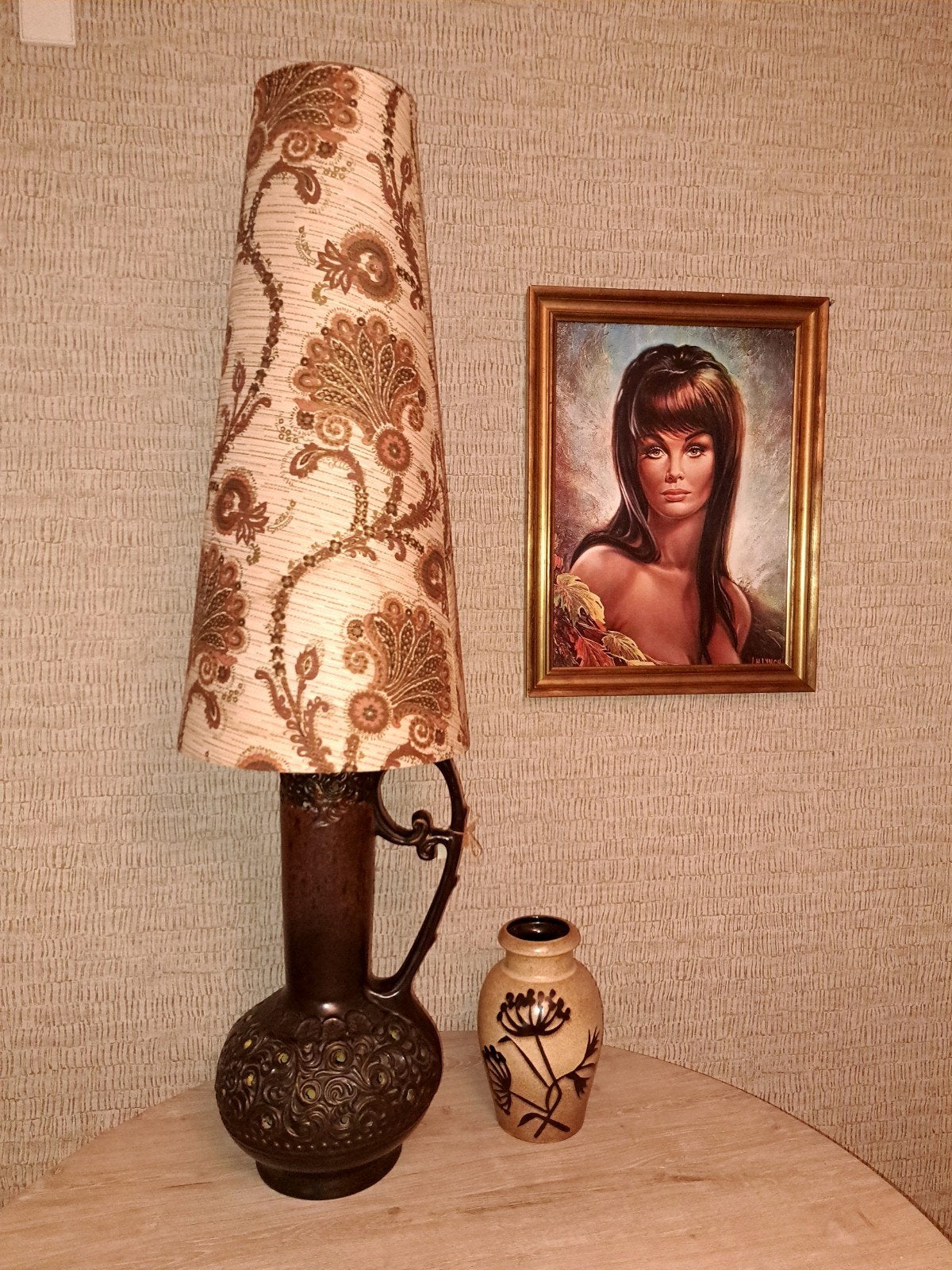 retro keramiek vaaslamp met originele kap, Ophalen, Vintage