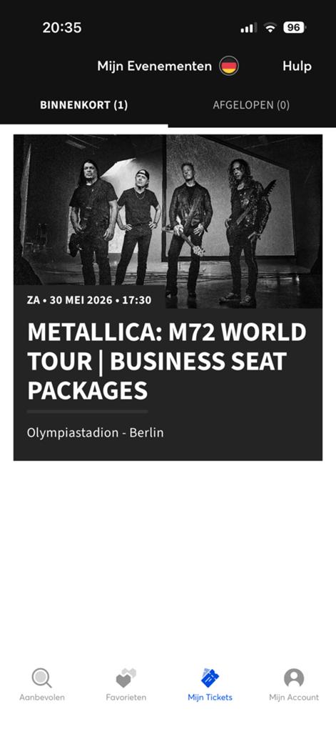 Vip ticket Metallica 30/5 Berlijn, Tickets en Kaartjes, Eén persoon, Mei