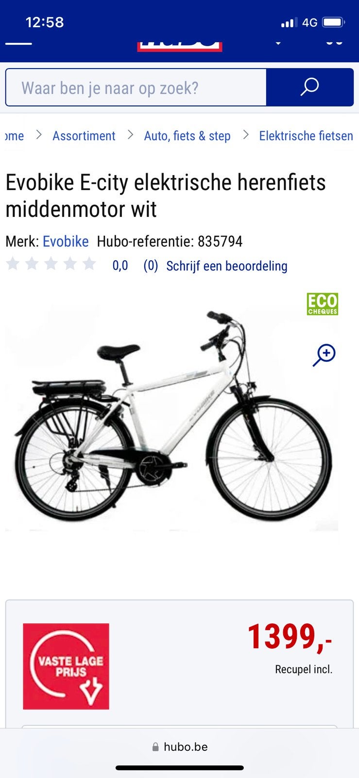 Evobike E-city elektrische herenfiets middenmotor wit, Ophalen, Zo goed als nieuw