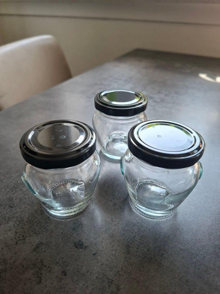 Set van 3 glazen potjes met metalen deksel NIEUWSTAAT, Glas of Glazen, Ophalen of Verzenden, Effen, Glas