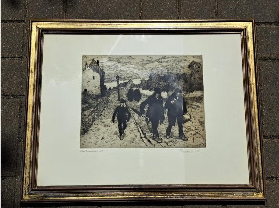 gravure retour enterrement signe Roméo dumoulin, Antiquités & Art, Enlèvement ou Envoi, Gravure