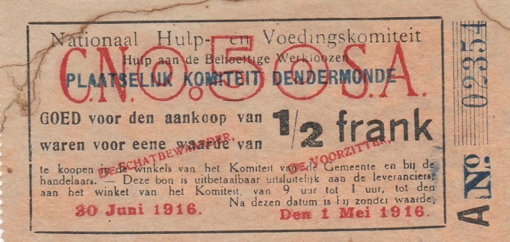 oorlog Bon Nationaal Hulp Dendermonde 1/2 frank 30.06.1916, Ophalen of Verzenden, België, Los biljet