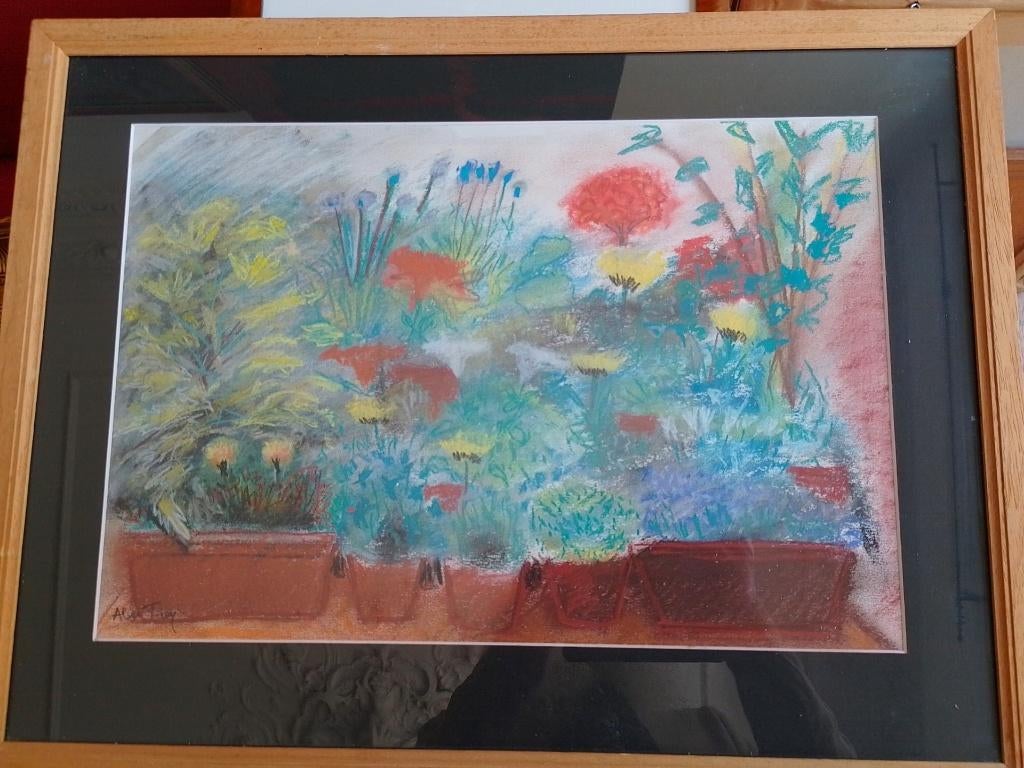 Alice Frey  Plantenbakken met bloeiende bloemen, Antiquités & Art, Art | Peinture | Classique, Envoi