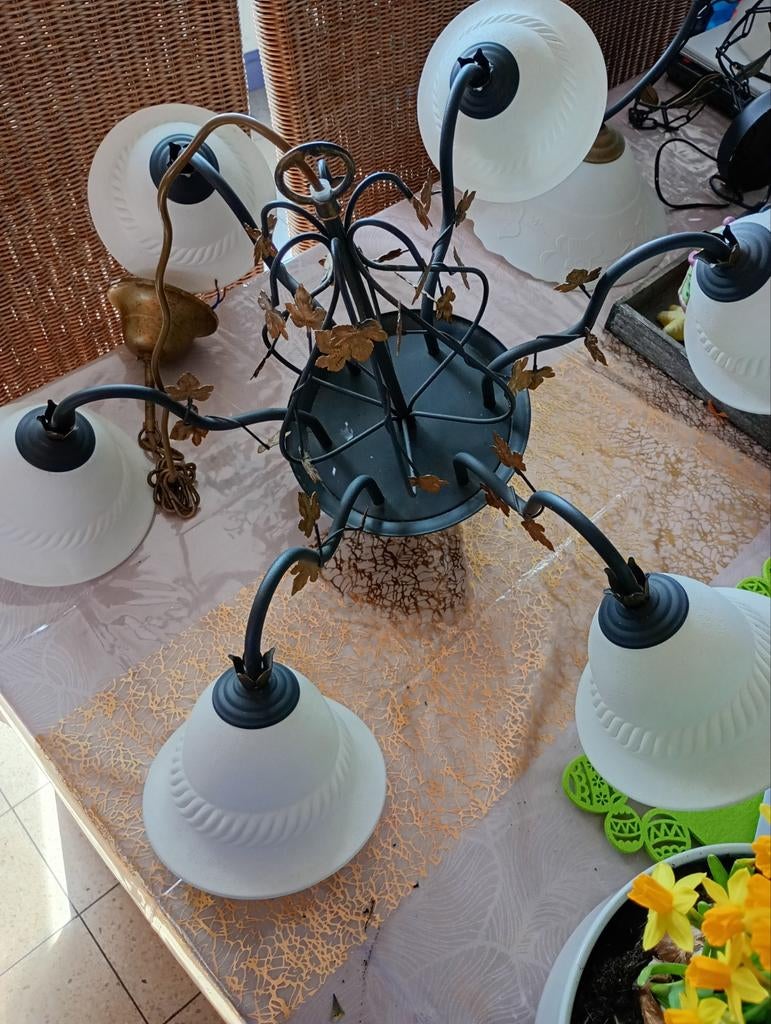 Landelijke Kroonluchter – 6 Lichtpunten – Druivenblad Motief, Maison & Meubles, Lampes | Plafonniers, Verre, Enlèvement