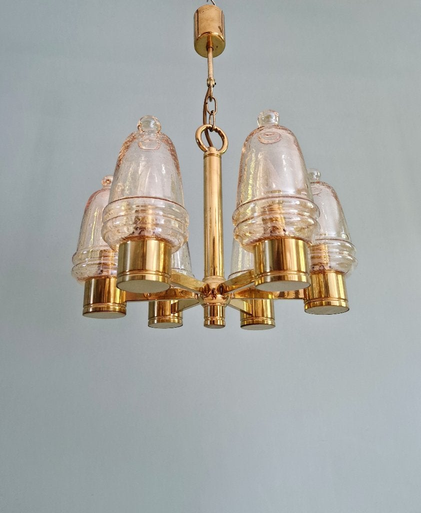 Lustre en laiton et globes en verre bullé ambré, 1970, Enlèvement ou Envoi