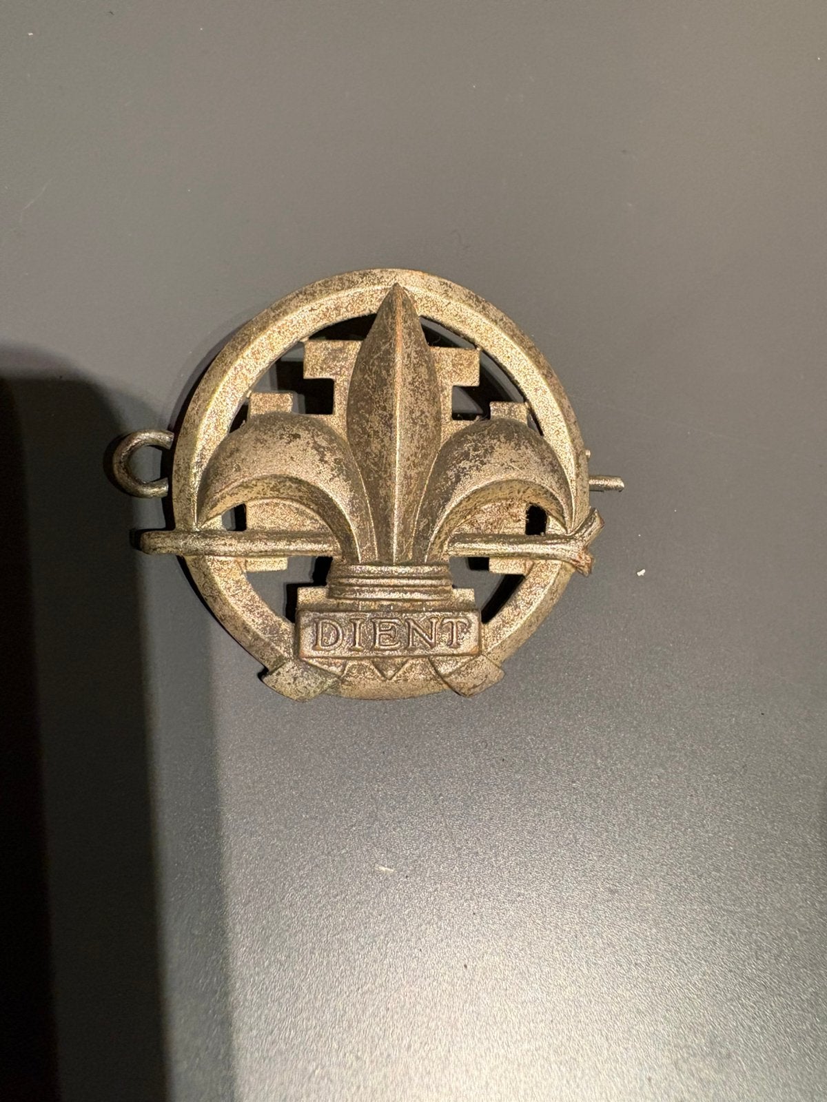 Oud Scouting Voortrekkers Insigne DIENT Metalen Franse Lelie, Verzamelen, Speldjes, Pins en Buttons, Zo goed als nieuw, Verzenden