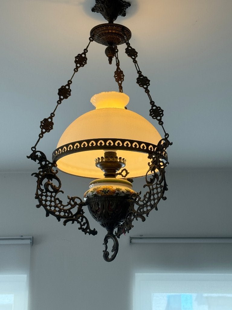 Lustre en Bronze et porcelaine, Ophalen, Brons