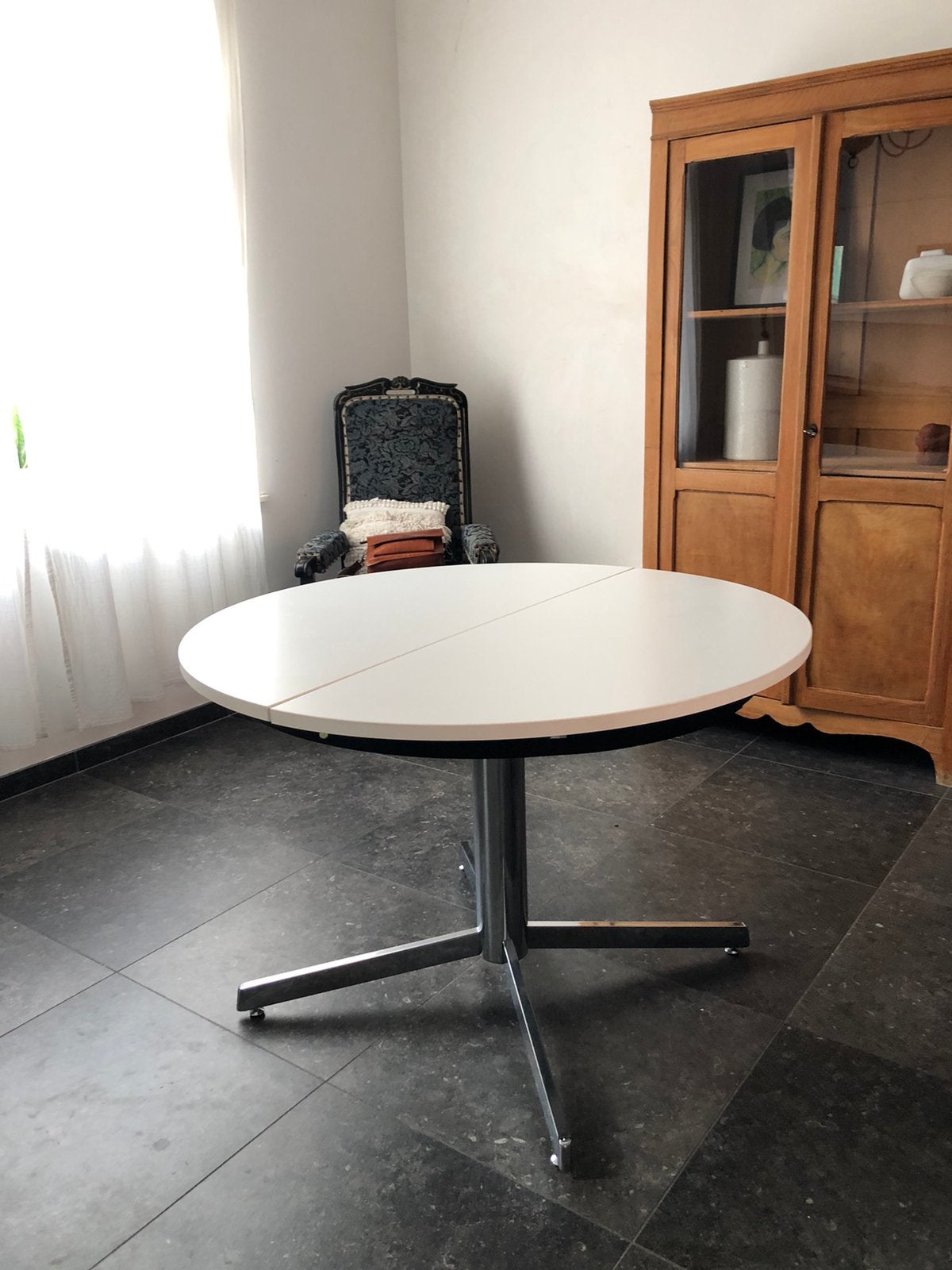 Witte uitschuifbare eettafel/ keukentafel jaren 60-70, Huis en Inrichting, Ophalen, 100 tot 150 cm, Zo goed als nieuw, 150 tot 200 cm