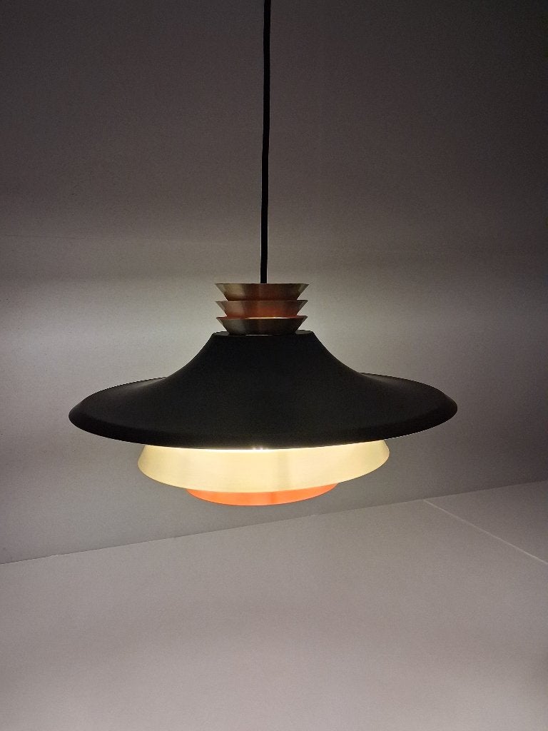 Vintage Space Age Hanglamp Zwart/Goud/Oranje, Jaren 70, Ophalen, Gebruikt, Vintage, E27 (groot)