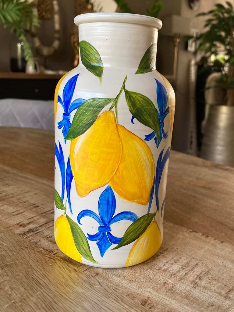 Handbeschilderd Vaasje Lemon Royal Blue Multifunctioneel💙, Ophalen of Verzenden, Nieuw, Overige kleuren, Glas