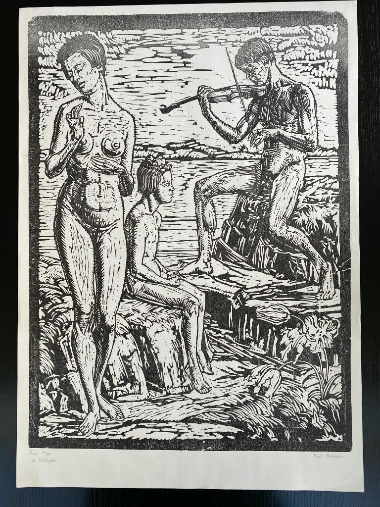 Lino druk/print - de vioolspeler, Antiek en Kunst, Ophalen of Verzenden
