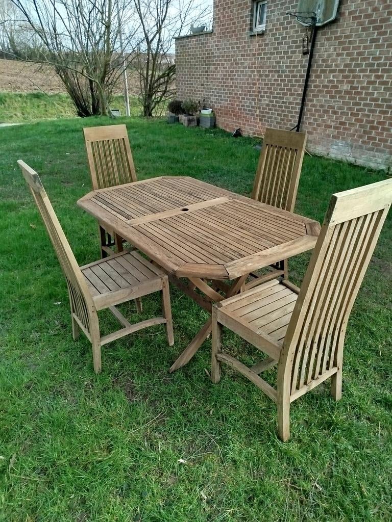 Table rectangulaire teck av trou pour parasol et 4 chaises, Enlèvement ou Envoi