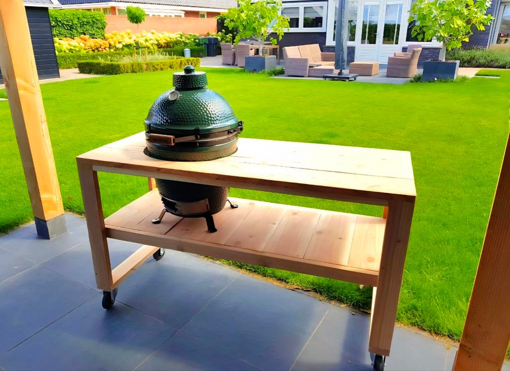 Luxe douglas BBQtafel op maat gemaakt voor iedere kamado, Neuf, Enlèvement ou Envoi, Charbon, Boretti