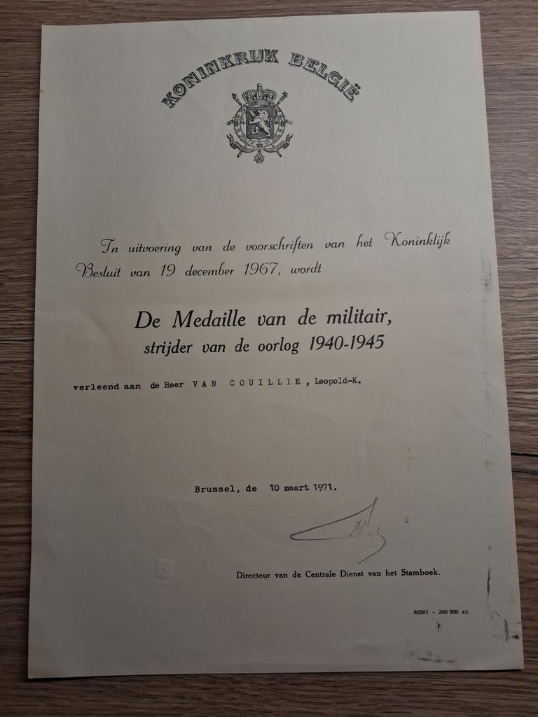 Medaille : oorkonde bij uitreiking medaille, Verzenden