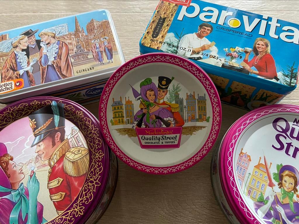 5 vintage blikken doosjes - 3 verschillende merken, Ophalen of Verzenden, Gebruikt, Koek(jes), Overige merken